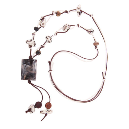 Kette 35x25mm Pillow-Perle Kunststoff wolfsgrau Kordel zweifarbig beige braun90cm