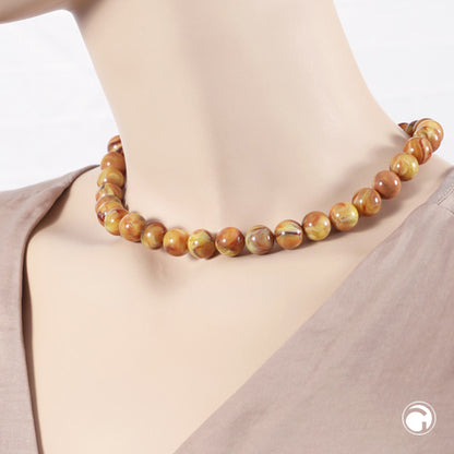 Necklace 12mm round pearl brown-yellow-marbled plastic