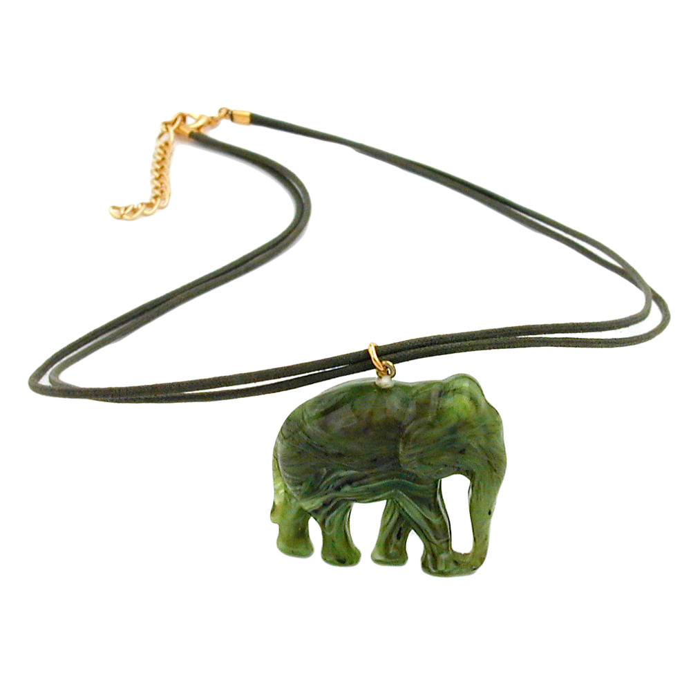Chain 35x32x18mm elephant plastic olive green marbled shiny cord olive 50cm