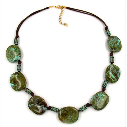 Kette 28x24mm Kiesel Kunststoff türkis-marmoriert Kordel braun 50cm