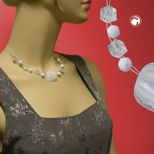 Chain wire chain flat square white-transparent-marbled plastic beads 42cm