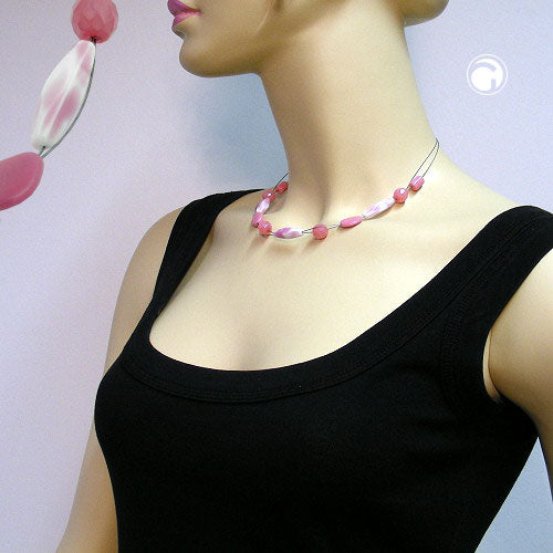 Necklace wire chain with glass beads square olive white-pink and deep pink 45cm