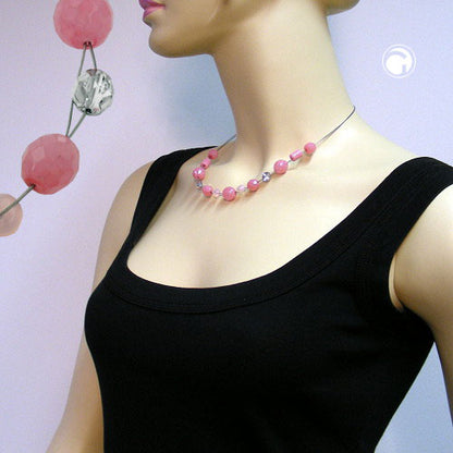 Wire chain with glass beads, faceted pearl, deep pink and silver-mirrored, 45cm