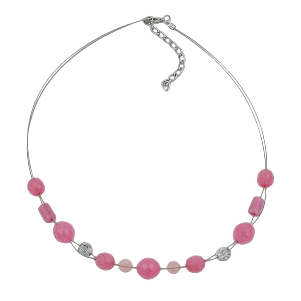 Wire chain with glass beads, faceted pearl, deep pink and silver-mirrored, 45cm
