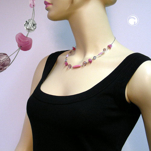 Necklace wire chain with glass beads pink crystal-mirrored square olive lilac pink 45cm