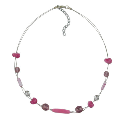 Necklace wire chain with glass beads pink crystal-mirrored square olive lilac pink 45cm