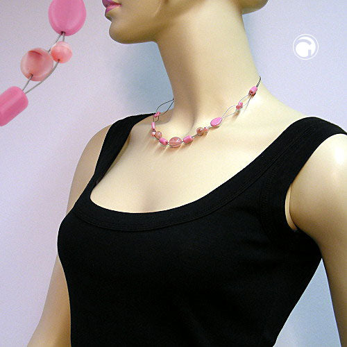 Necklace wire chain with glass beads pink red-white olive bead pink 45cm