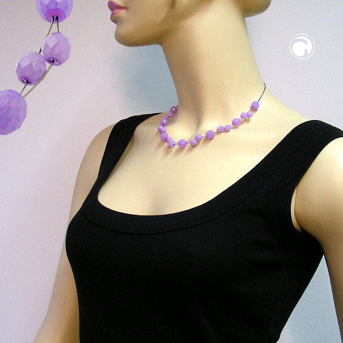 Wire chain with glass beads, faceted pearls, lilac, 43 cm