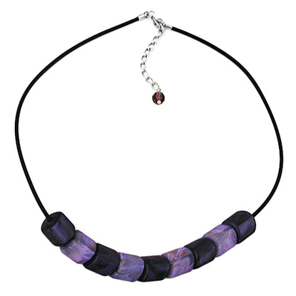 Necklace slanted bead plastic purple-silky and lilac-marbled solid rubber black 45cm