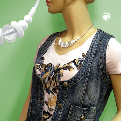 Necklace 3x roller crystal clear faceted plastic beads with silicone cord white 48cm