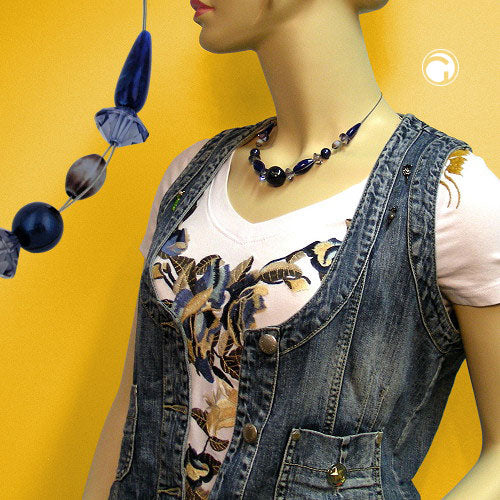 Wire chain blue-gold marbled plastic beads 45cm