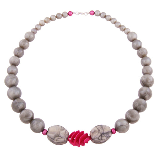 Kette Rundperlen grau Spiralperle pink 62cm