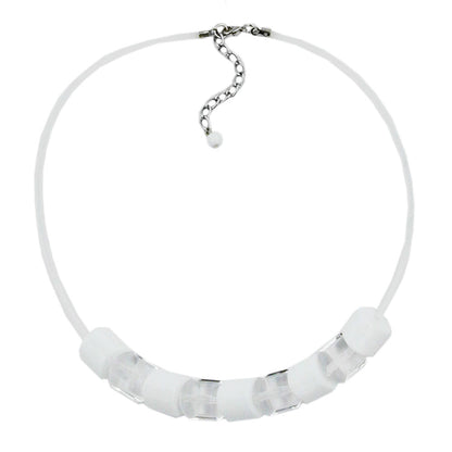Necklace slanted pearl white and crystal clear plastic beads with silicone cord white 45cm
