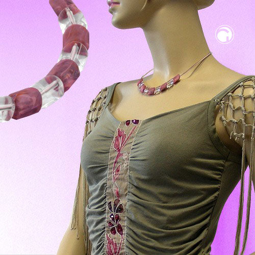 Necklace slanted bead plastic old pink and crystal clear cord pink and wire 45cm