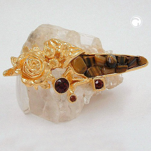 Brooch pin 29x74mm tiger brown gold-colored