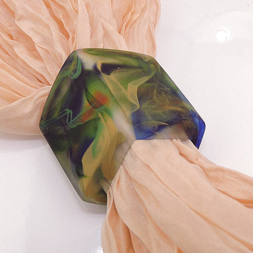 Cloth ring 45x36x18mm hexagon green-blue-olive-marbled matt plastic