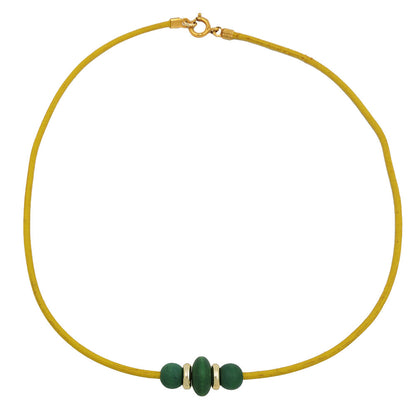 Necklace with 3 wooden beads, dark green, leather strap, yellow, 42 cm