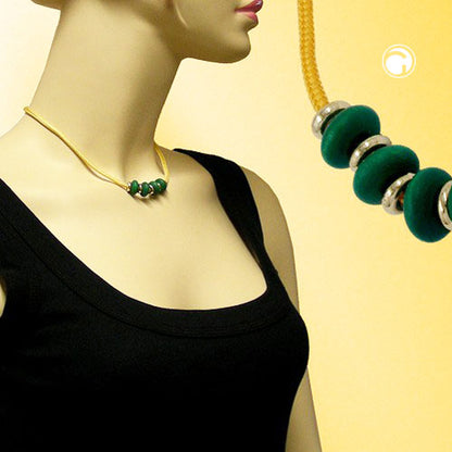 Necklace with 4 wooden beads, dark green, yellow cord, 42 cm