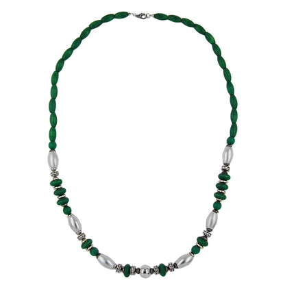 Kette 14x7mm Holzperlen grün mit Kunststoffperlen chrom matt 70cm