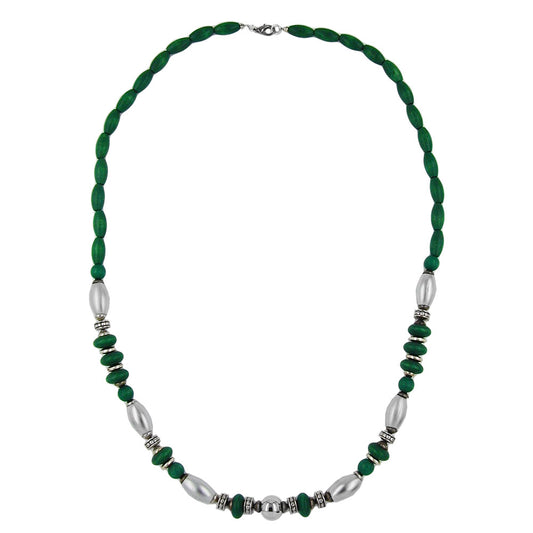 Kette 14x7mm Holzperlen grün mit Kunststoffperlen chrom matt 70cm