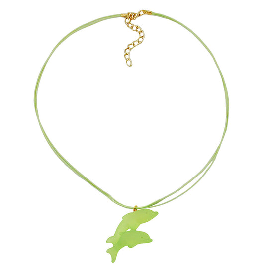 Kette Kinderkette 40x22mm Anhänger Kunststoff springende Delfine grün-matt Kordel lindgrün 45cm