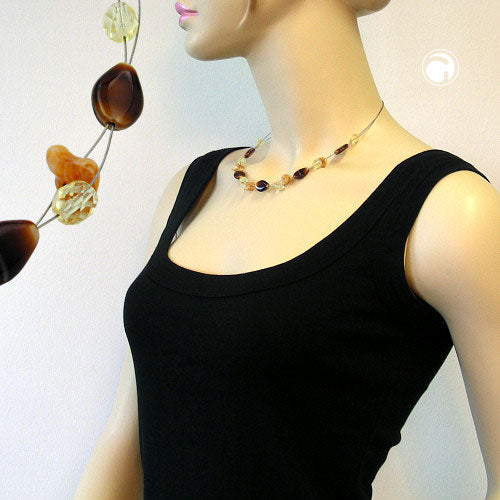 Wire chain with glass beads brown yellow white 44cm