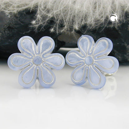 Clip Ohrring 30mm Blüte hellblau-transparent-silber matt Kunststoff-Bouton