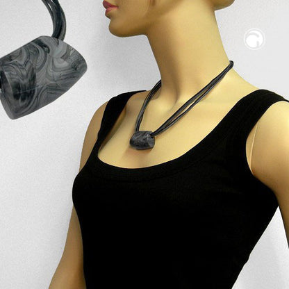 Chain plastic bead trapeze silver-grey marbled shiny cord grey-black 45cm