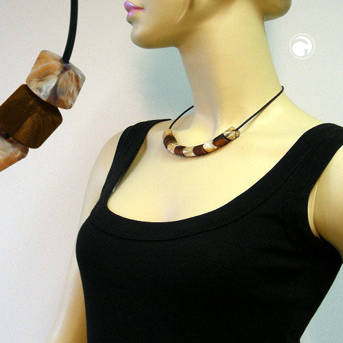 Necklace slanted bead plastic brown-marbled and beige-marbled solid rubber black 45cm