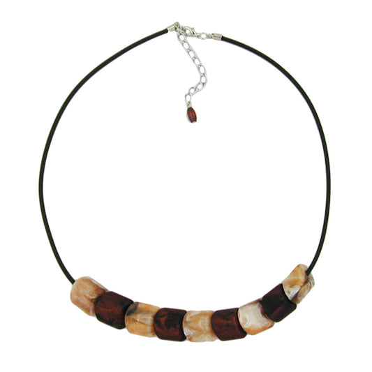 Necklace slanted bead plastic brown-marbled and beige-marbled solid rubber black 45cm