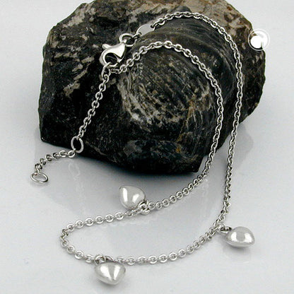 Anklet 1.7mm anchor chain variable length with 3 hearts rhodium-plated silver 925 27cm