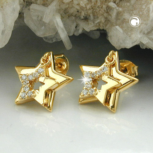Stud earring 13mm double star with zirconia gold plated 3 microns