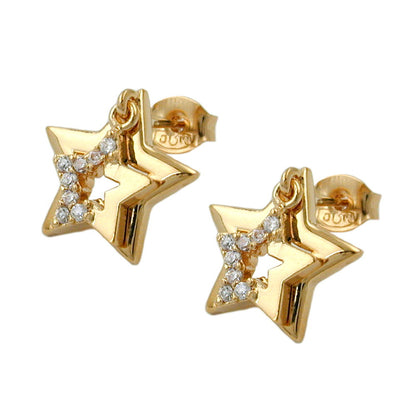 Stud earring 13mm double star with zirconia gold plated 3 microns