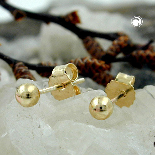Ear stud earring 3mm ball hollow 9Kt GOLD