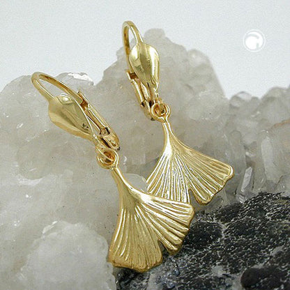 Ear leverback earrings earrings 27mm ginkgo leaf shiny 9K GOLD