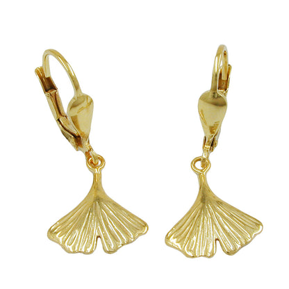 Ear leverback earrings earrings 27mm ginkgo leaf shiny 9K GOLD