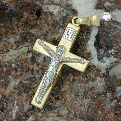 Pendant 27x16mm cross with Jesus bicolor shiny 9Kt GOLD