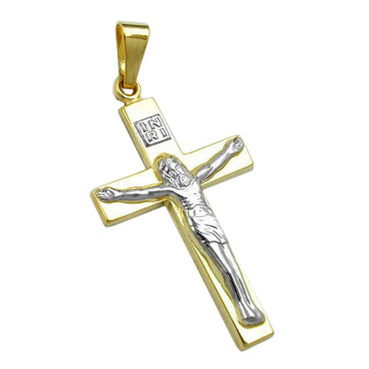 Pendant 27x16mm cross with Jesus bicolor shiny 9Kt GOLD