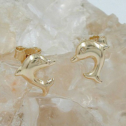Stud earring 8x7mm jumping dolphin shiny 9Kt GOLD