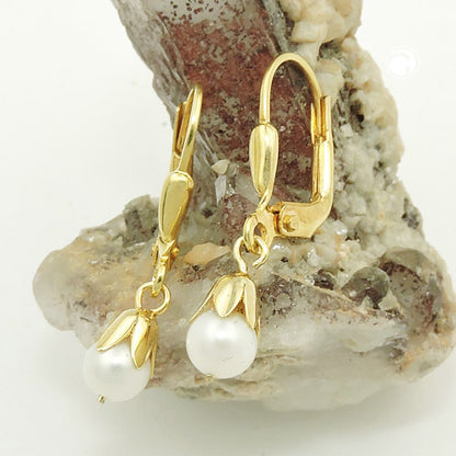 Ear leverback earring earrings 25x5mm freshwater pearl, 9K GOLD