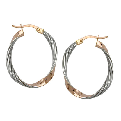 Hoop earring 26x21mm oval bicolor rhodium-plated diamond-cut 9Kt red gold