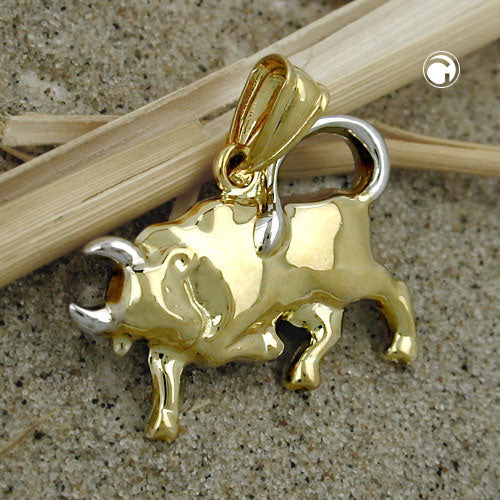 Pendant 16x23mm bull bicolor rhodium-plated 9Kt GOLD