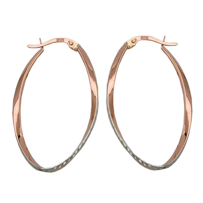 Hoop earring 33x20mm oval bicolor rhodium-plated diamond-cut 9Kt red gold