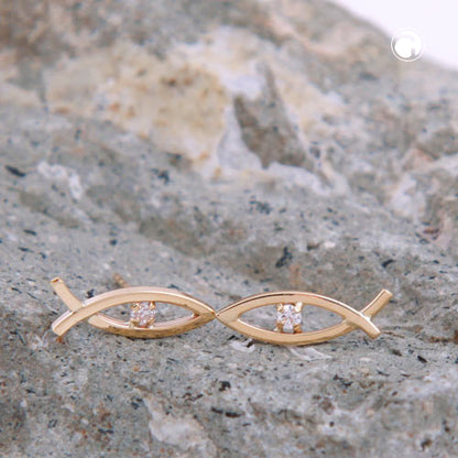 Stud earrings 15x5mm Jesus sign zirconia 9Kt GOLD