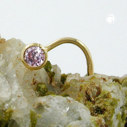 Nose stud 2.5mm spiral with round pink zirconia 18Kt gold