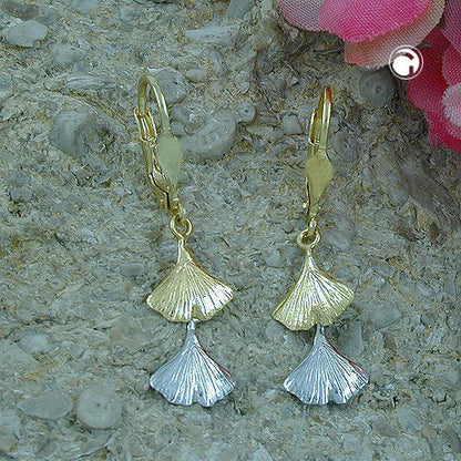 Ear leverback earrings earrings 34x9mm ginkgo leaf bicolor 9K GOLD