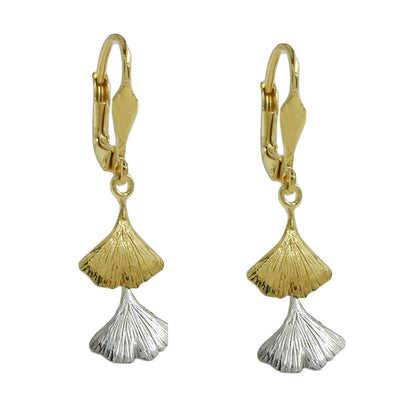 Ear leverback earrings earrings 34x9mm ginkgo leaf bicolor 9K GOLD
