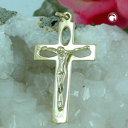 Pendant 28x17mm cross with Jesus openwork shiny 14Kt GOLD