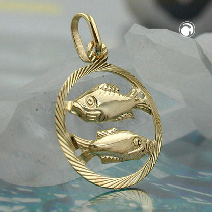 Pendant 15mm Zodiac Sign Pisces 9Kt GOLD