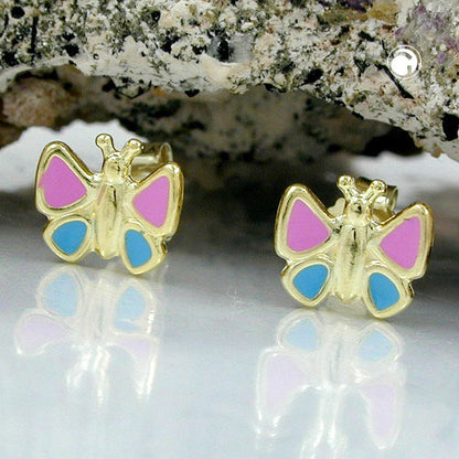 Stud earring 7mm butterfly pink-light blue 9Kt GOLD